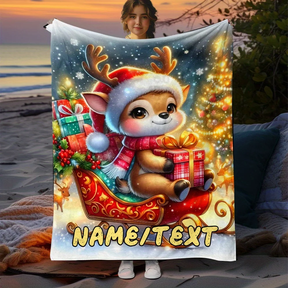 A personalized Christmas luminous deer high-definition printed flannel blanket with customized name, comfortable and lightweight