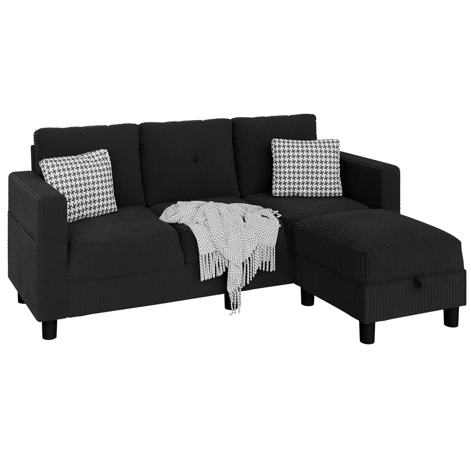 #Convertible Sectional Sofa with Storage Ottoman, 77” L-Shaped 3-Seat Couch with Skin-Friendly Corduroy Fabric,, Customized