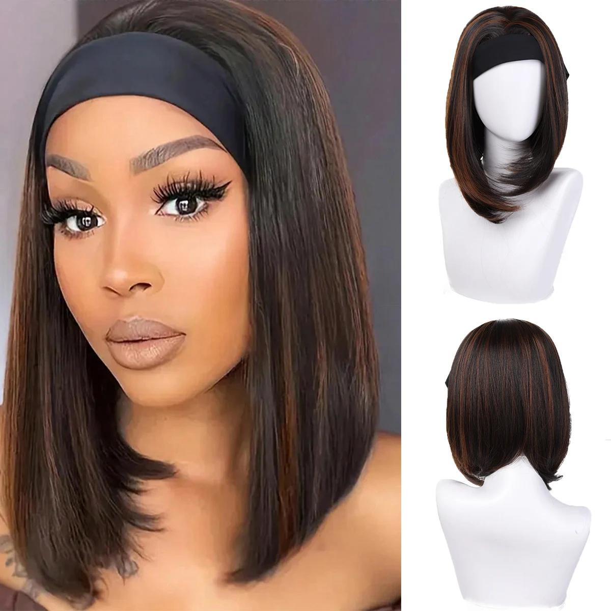 شعر مستعار صناعي أسود على شكل عصابة رأس للمرأة الأفريقية شعر مستعار قصير مستقيم 16 بوصة أسود مقاوم للحرارة #4