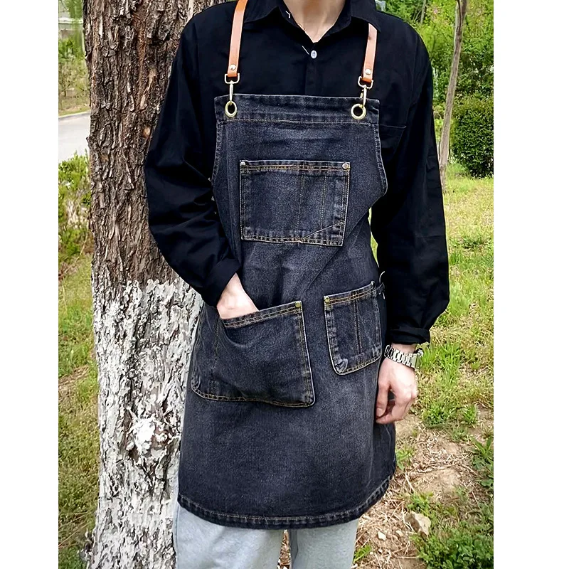 Retro Denim Apron Men\'s Fashion Work Clothes Hairdresser Milk Tea Shop Restaurant Waiter Female  Kitchen Apron