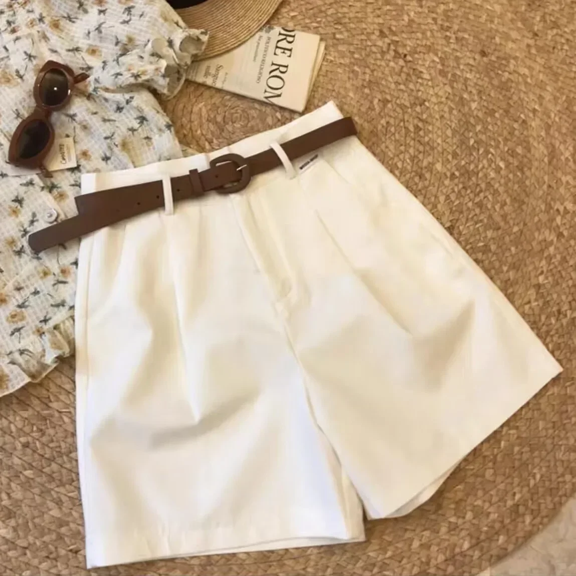 Pop High Waist A- Line Wide Leg Pants Women's Suit Shorts Casual Loose Fit Spring Summer New Style Five-Quarter Length Trousers