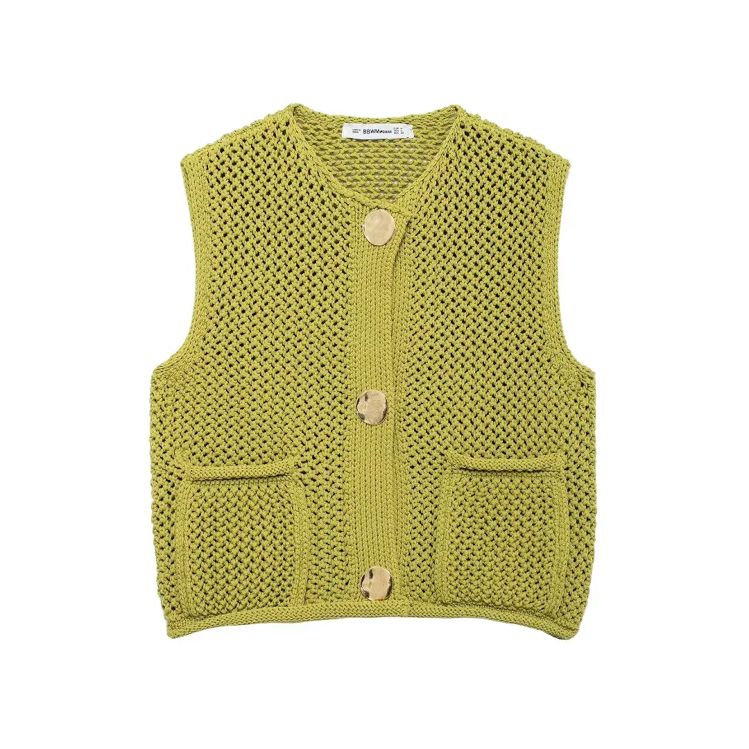 Damska moda bezrękawnik z grubej dzianiny, sweter, elegancki damski kardigan z dużymi kieszeniami, naszywane guziki, kamizelka, topy — zdjęcie 2