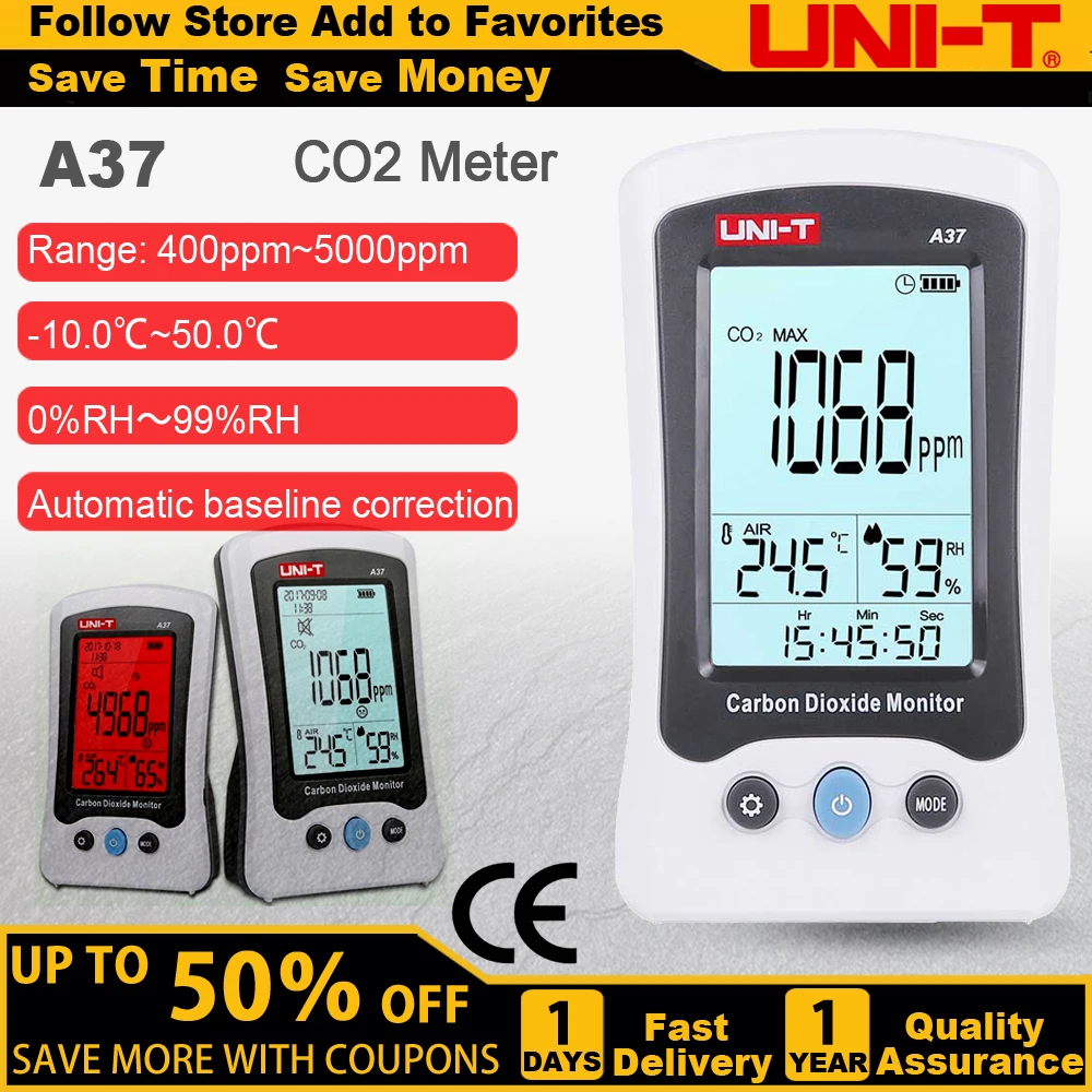 

UNI-T A37 CO2 Air Analyzer Quality Meter Carbon Dioxide Detector Temperature Humidity Monitor Infrared NDIR Time Display