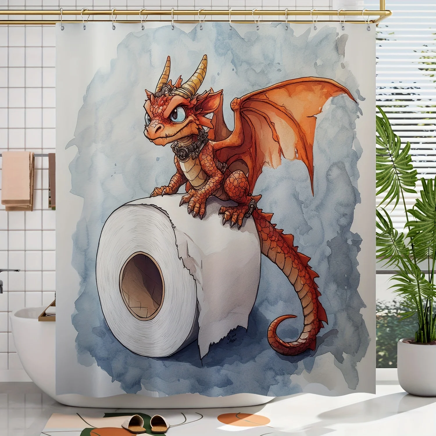 

1pc Whimsical Dragon & Toilet Paper Shower Curtain - Vibrant Watercolor Design, Polyester, Machine Washable, Includes Hooks