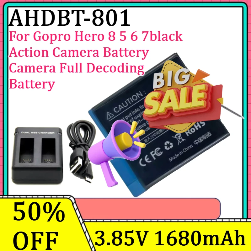 

For Gopro Hero 8 5 6 7black Action Camera Battery Camera Full Decoding Battery High-Quality 3.85V 1680mAh AHDBT-801 Batteries