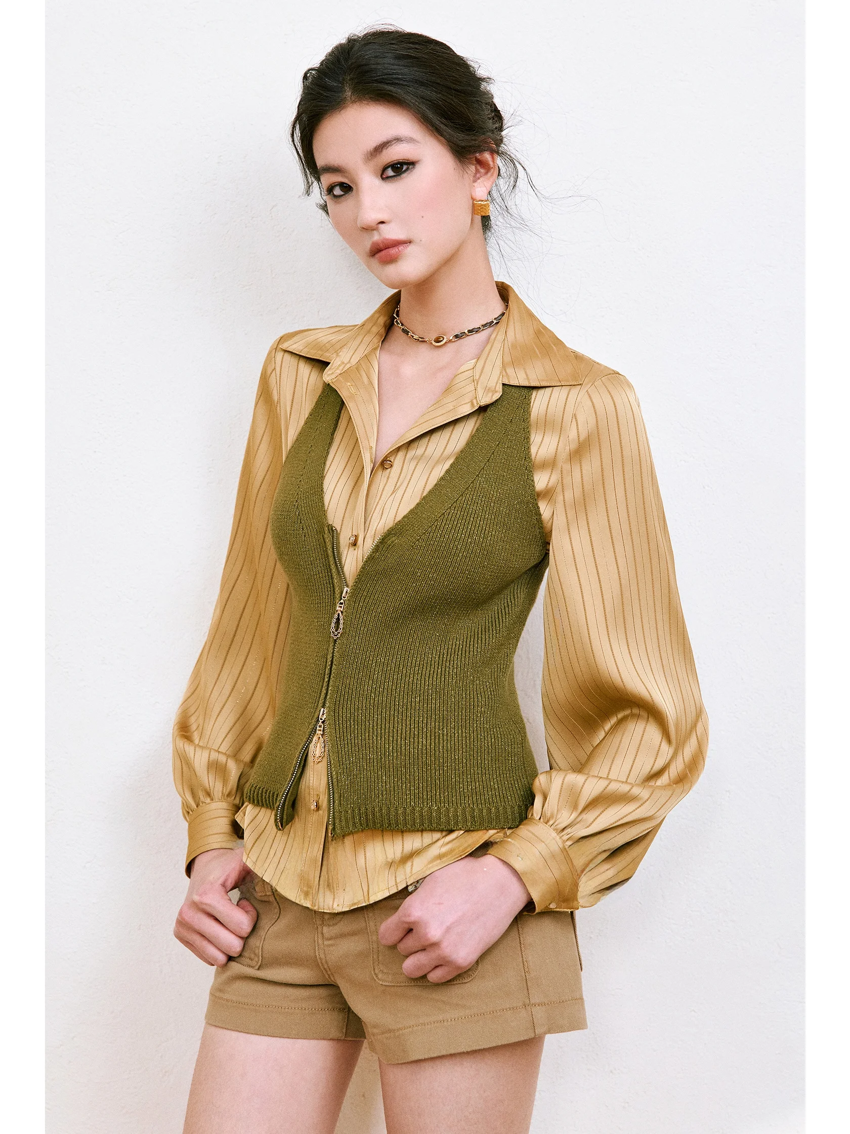 

Retro Silk Satin Stripe irt Classic Collar Waist Cinching Lantern Sve Vintage Women's Busin Casual Faion Top