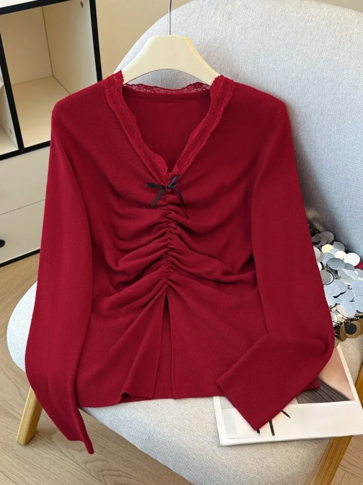 

Solid V-neck Long Sleeve Fashion Jumper Autumn Winter New Fashion Women Sweater Simplicity Elegant Trend Lace Patchwork Pullover