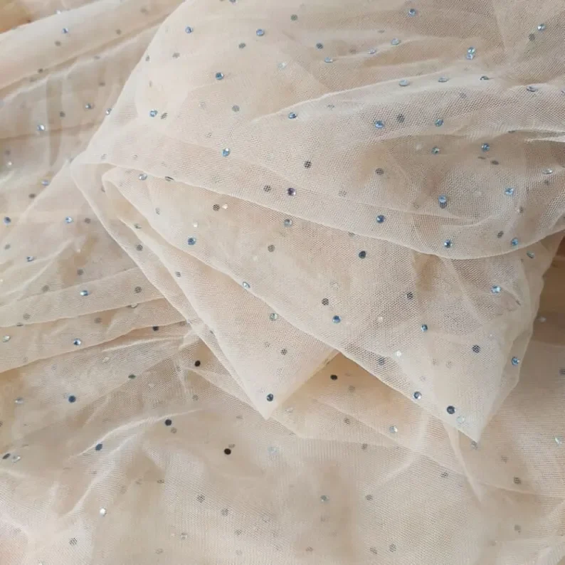 

59" width Rhinestone lace fabric soft nude tulle fabric For Girl Dress Tutu Dress Wedding Dress Bridal Veil 1 Yard