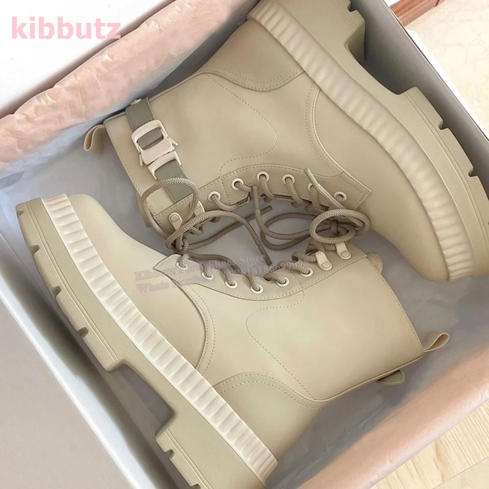 Outdoor Hiking Rain Ankle Boots Thick Sole Non-Slip Waterproof Belt Buckle Lace-Up Round Toe Fashion Concise Women Shoes Newest