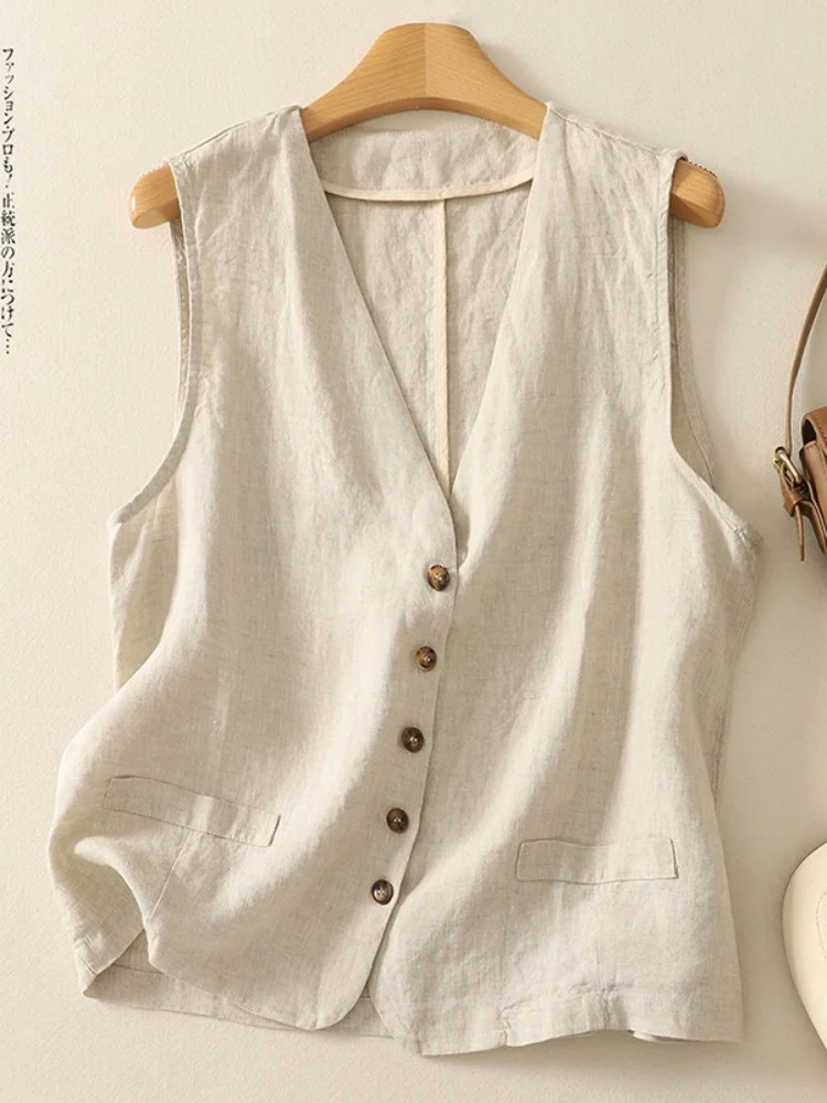 

Retro Linen V-Neck Tank Top Women Summer Loose Outerwear Sleeveless Open Cardigan Thin Cotton Linen Shoulder Pad Jacket