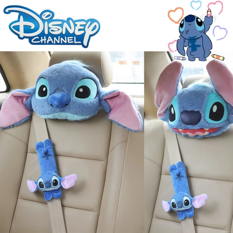 Disney Stitch Car Headrest Neck Pillow Lilo & StitchUniversal Seat Lumbar Safety Belt Cover Auto Interior Accessory Holiday Gift