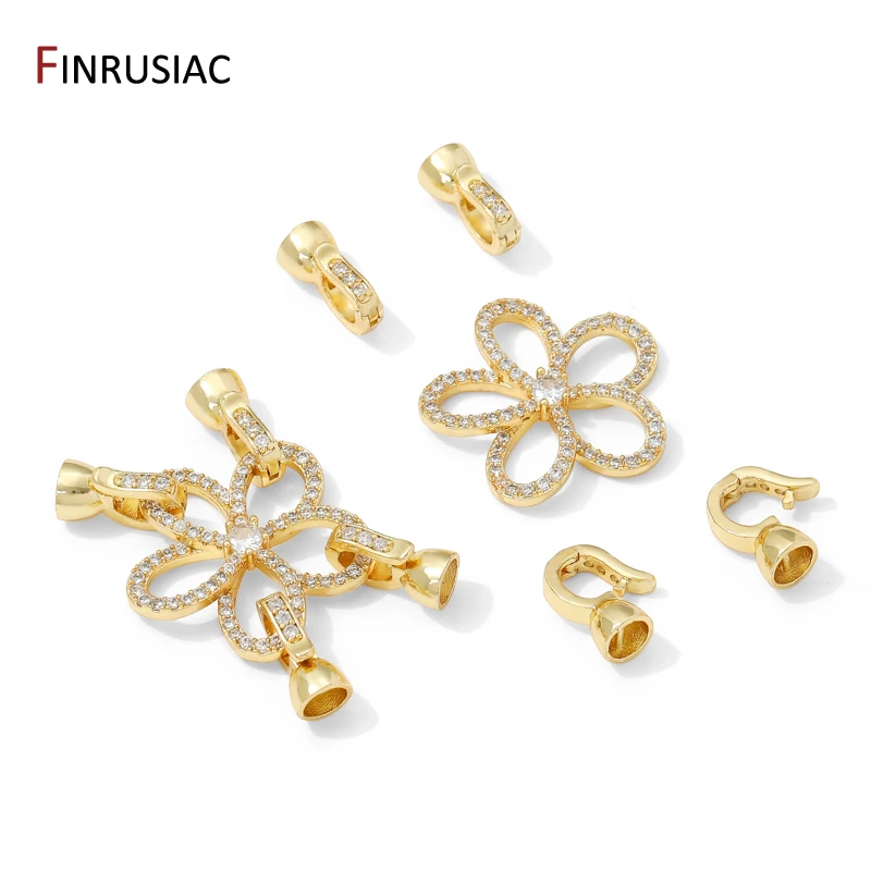 14K Gold Plated Brass Five-petal Flower Double-Row Cubic Zirconia Fastener Clasps Connectors For DIY Jewelry Making Accessories