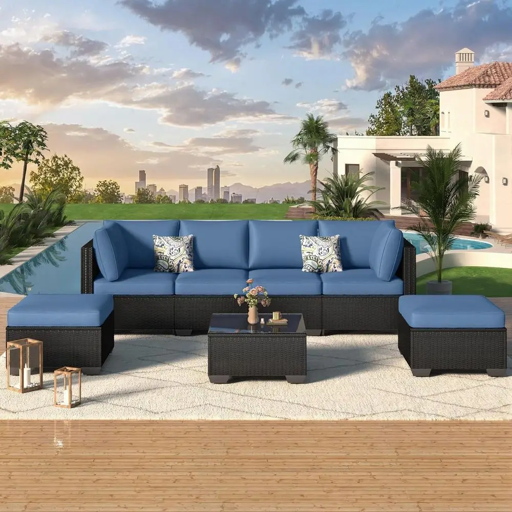 

7-Piece Outdoor Patio Furniture Set, PE Rattan Wicker Sofa with Sectional Chairs, Navy Cushions and Tea Table, Black Rattan