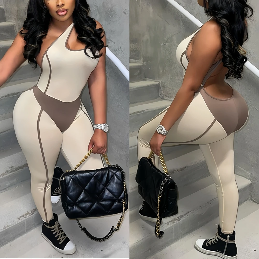 

HLJ&GG White Spring New Color Splicing Bodycon One Piece Jumpsuits Women Sleeveless Backless Slim Sporty Playsuit Casual Overall