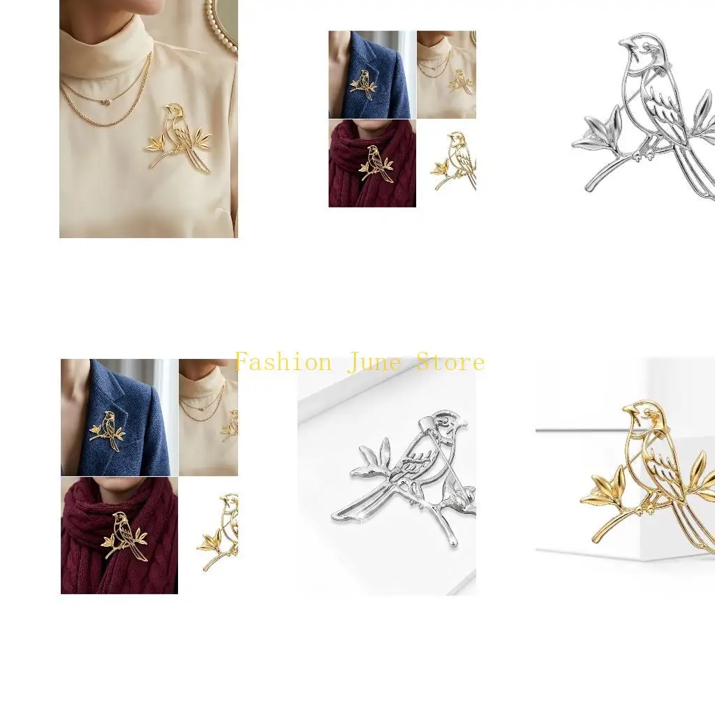 N5KA Decorative Bird Lapel Pin with Openwork Branch Detail, Polished Alloy Brooch for Scarves Hats Bags and Daily Outfit Styling