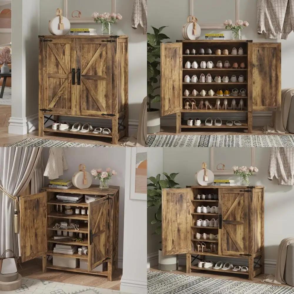 خزانة أحذية خشبية قابلة للتعديل مكونة من 6 طبقات على طراز المزرعة مع أبواب للتخزين والتنظيم