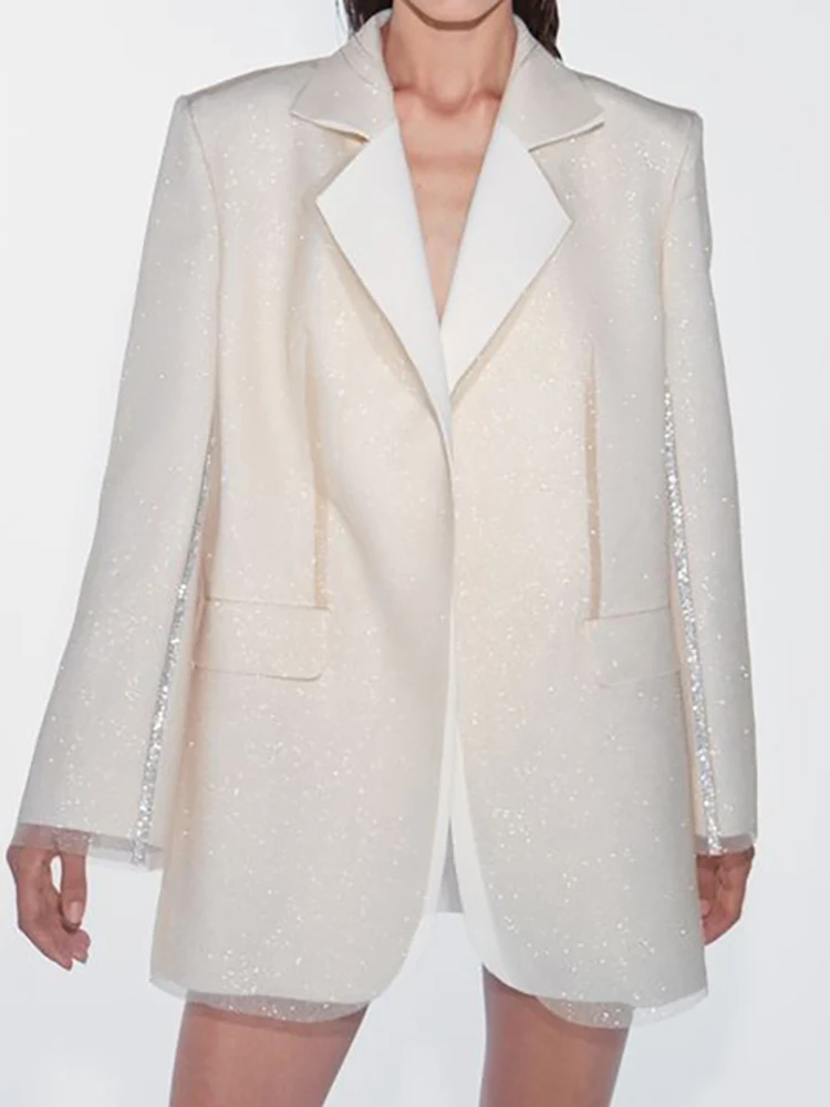 DEAT Fashion Blazer da donna colletto dentellato petto nascosto manica lunga impiombato paillettes giacche da abito bianco primavera 2024 New17A6557