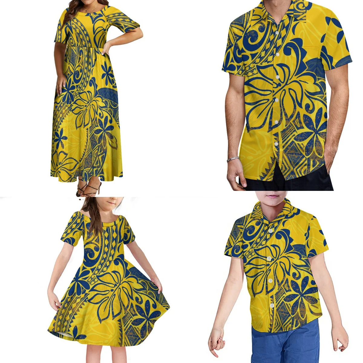 Polynesian Summer Short Sleeve Women Girls Dress Men Boys Shirt Hibiscus Flower Samoa Family Party Set Adult Children