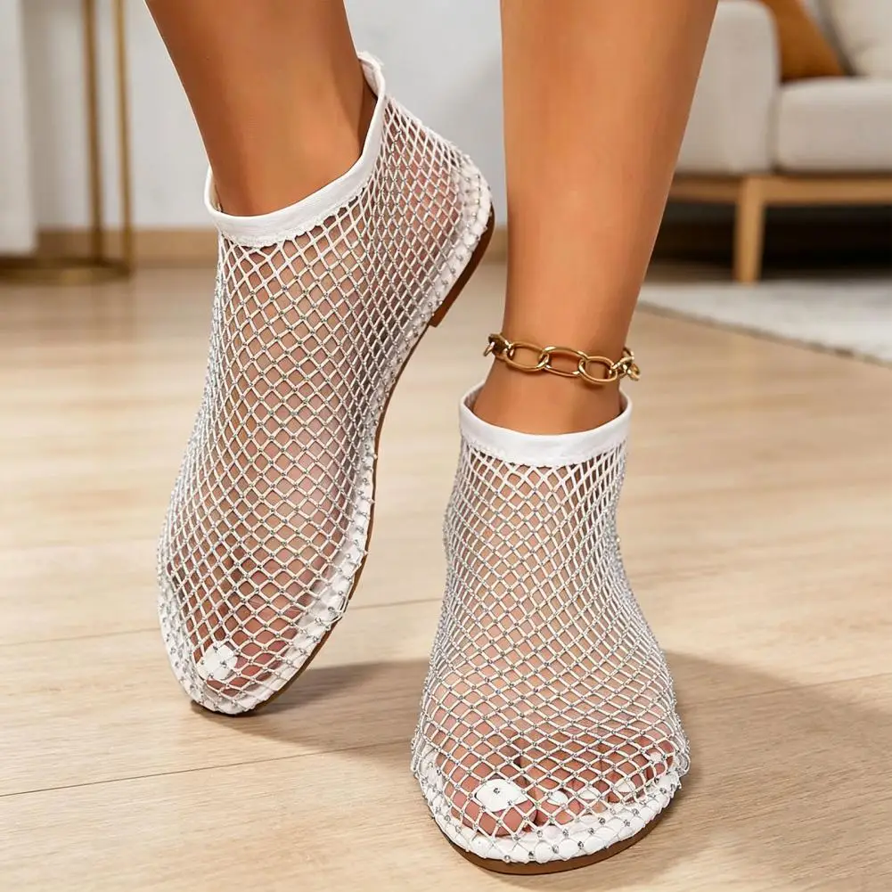Breathable Fishnet Women Ballet Flats Rhinestone Low Heel Slip on Mesh Shoes for Beach Street Party