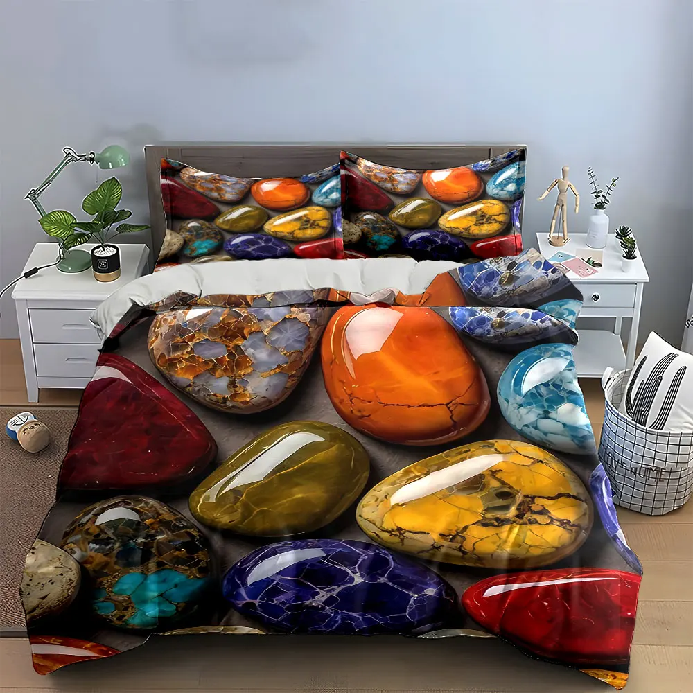Colorful Polished Gemstone Set Decor Soft Skin-Friendly Bedding Set Includes 1 Duvet Cover And 2 Pillowcase, Gift
