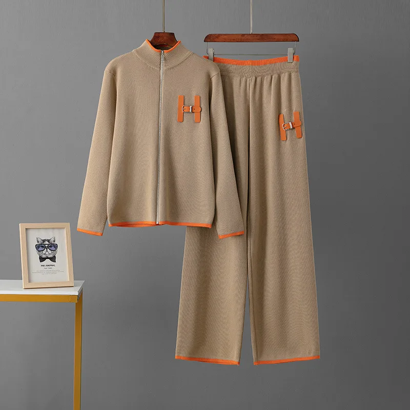 Knitted Sweater 2 Peice Set Women's Autumn Warm Zipper O-Neck Pullover Straight Jogging Pant Suits Casual Oversize Tracksuit