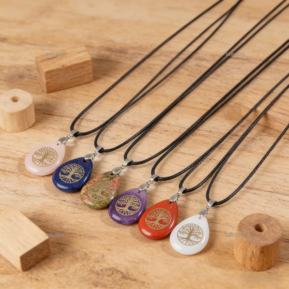 1/2/3 قطعة مزيج وتطابق الأحجار الكريمة الطبيعية قطرة على شكل شجرة الحياة قلادة قلادة ، عيد ميلاد هدية للذكرى السنوية مجوهرات