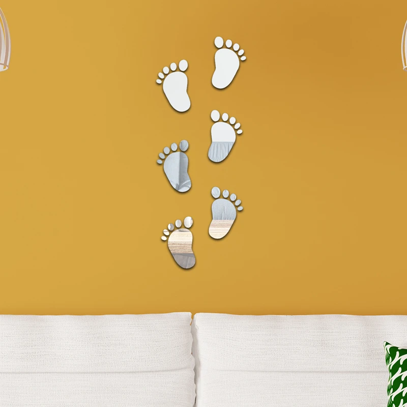 6pcs/set Self Adhesive Mirror footprint Wall Sticker Acrylic DIY Removable Mirror Wallpaper Home Room Bedroom 3D Wall Decor