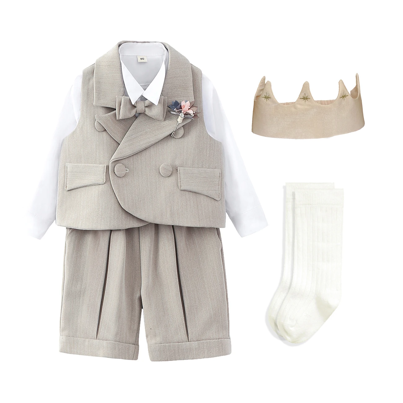 Little Boy Tuxedo Suit With Hat Wedding Party Newborn Baby Gentleman Bowtie khaki Boys 6-piece Set 6Month-3yrs Boutique dress