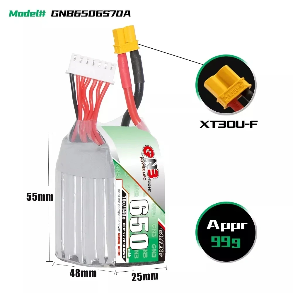 Gaoneng GNB 650mAh 2S 7.4V 3S 11.1V 4S 14.8V 5S 18.5V 6S 22.2V  70C Lipo Battery With XT30 Plug for RC FPV Racing Drone