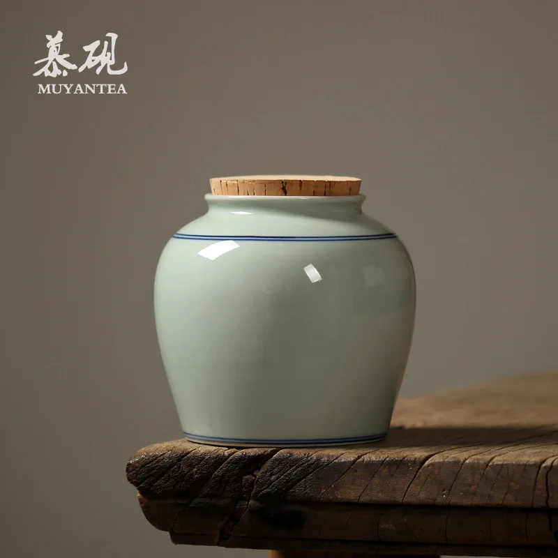 Mutaoy Japanese-Style Cork Gray-Glazed Blue-And-White Double-Line Canister, Vintage Kung Fu Set, Tea Storage Canister