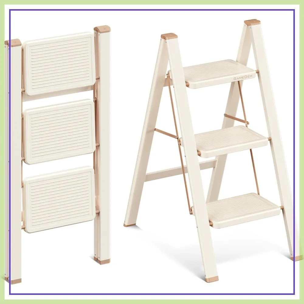 

3 Step Ladder, Folding Step Stool for Adults, Widened Pedal, Sturdy Carbon Steel, Cream Chocolate