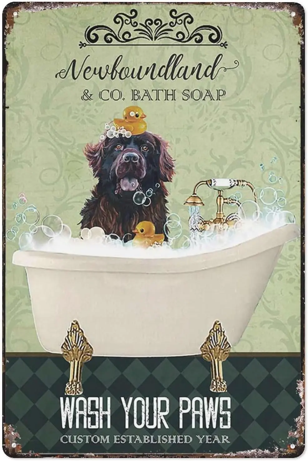 Aluminium Metal Tin Signs Funny Newfoundland Dog In Bathtub Bath Soap Established Wash Your Paws Retro Look Home Club Bar Wall A