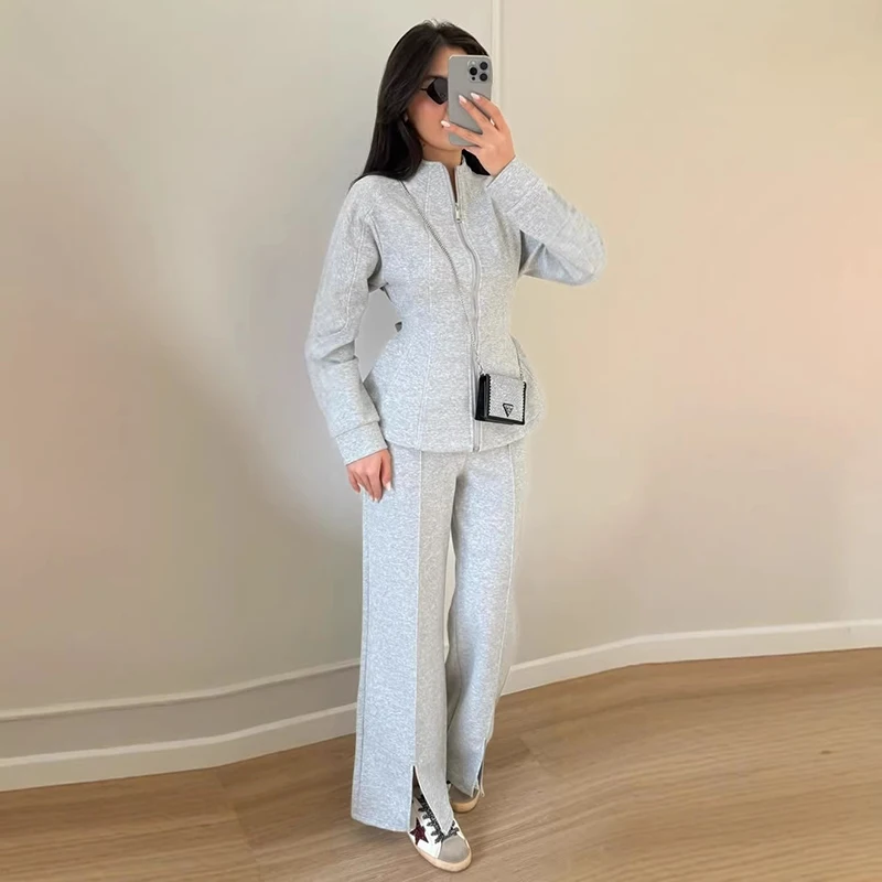 

Spring Casual Trousers Suit Women Stand Collar Zipper Long Sleeves Coat+high Waist Wide-leg Pants Autumn Female Two Piece Set