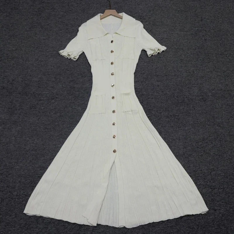 

Spring Women Slim Lapel Flare Sleeve Pockets Female Dresses Elegant Knit Ribbed Single Breasted Long Dress Lady Solid Robes