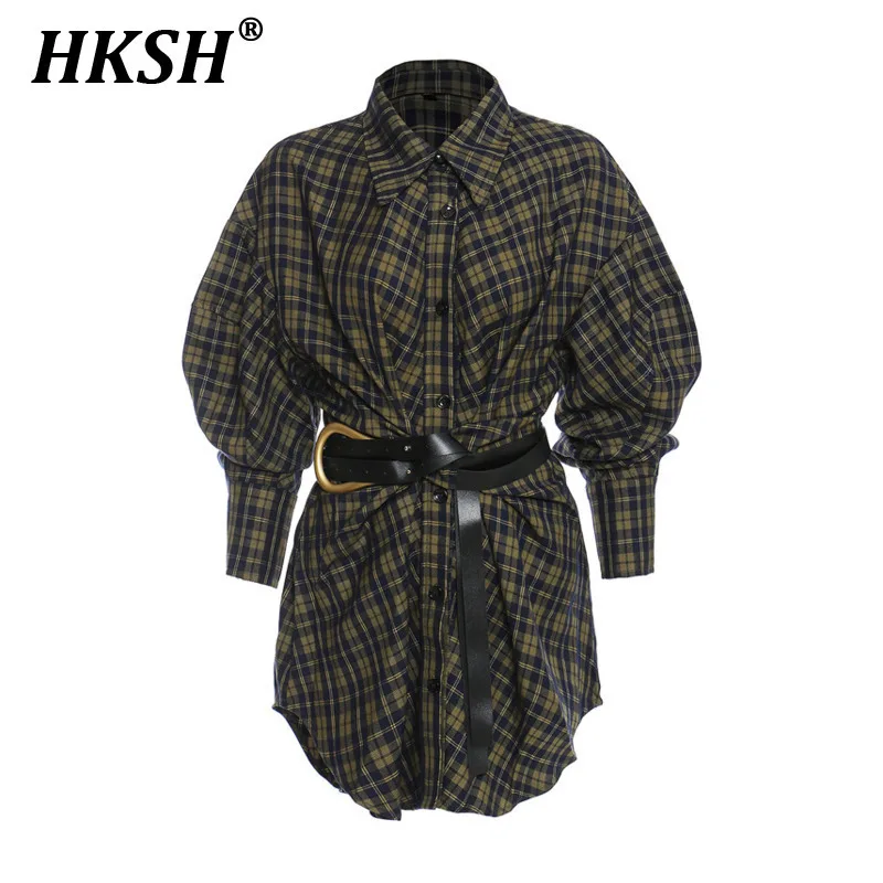 HKSH Autumn New Women's Tide Plaid Shirt Loose Korean Belt Medium Length Shirts Skirt Chic Elegant Vintage Streetwear Top H2685