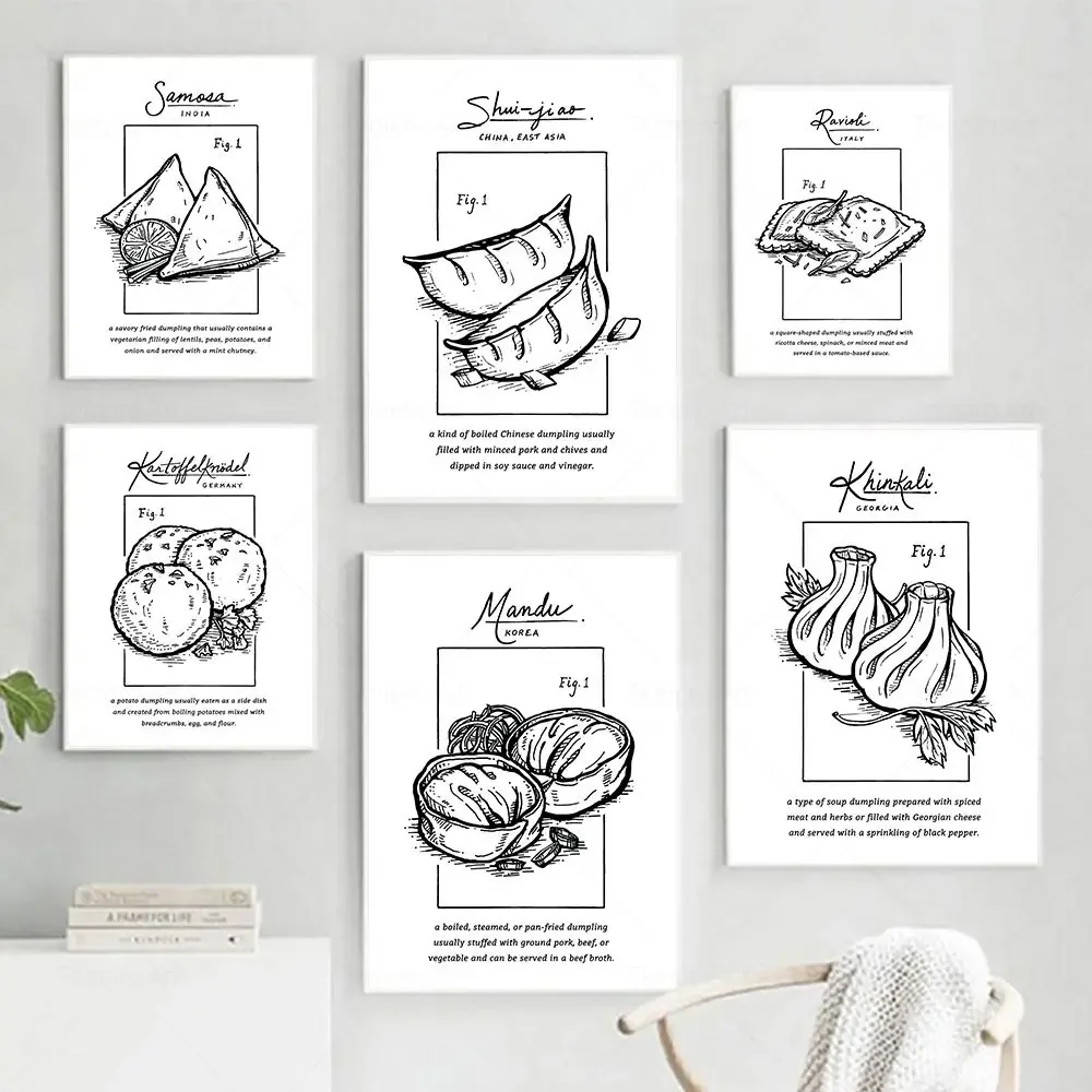 Vintage Food Linework Poster Dumpling of the World Illustration Print Pen & Ink Drawing Kitchen Wall Art Decor Canvas Painting