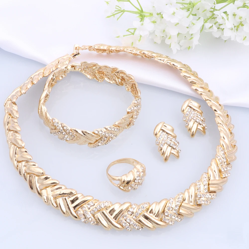 Italian Gold Plated Women Jewelry Set Luxury Design Plant Leaf Necklace Earrings Bracelet Ring Party