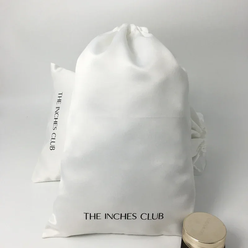 Imagem -03 - Brilhante Cetim Bolsa de Armazenamento Sapatos e Roupas Bolsa de Poeira Peruca Chapéu Fita Seda Cordão Bolsa Logotipo Personalizado Atacado Alta Qualidade 50 Pcs Branco