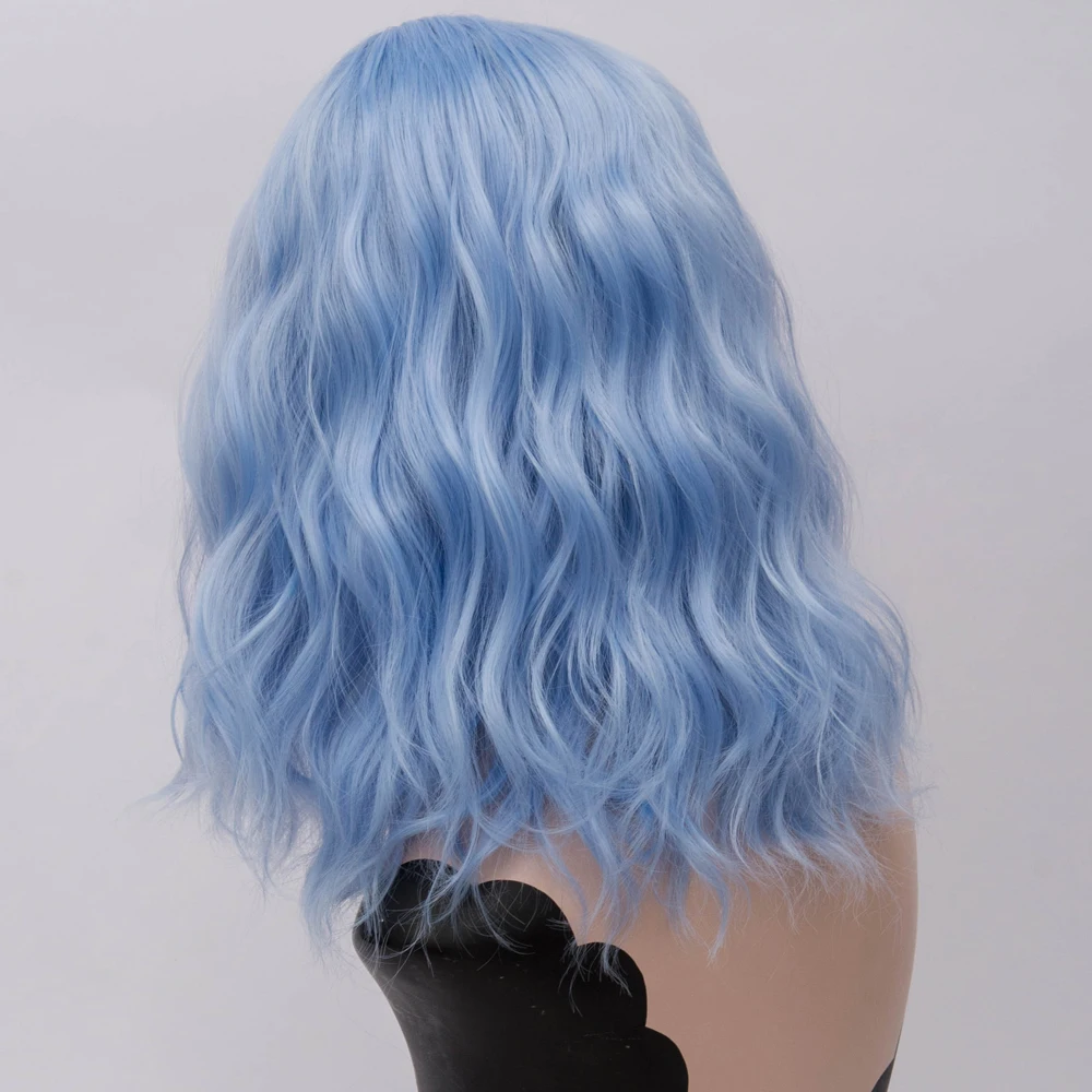 باروكة نسائية قصيرة مموجة باللون الأزرق في الجزء الأوسط مقاومة للحرارة للحفلات التنكرية والحفلات اليومية #3