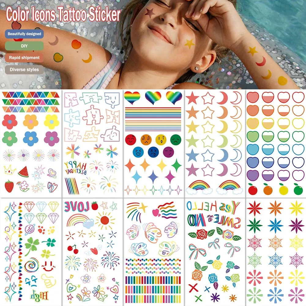 10pcs/set Colorful Small Icons Tattoo Stickers Daily party birthday party body decoration disposable tattoo stickers