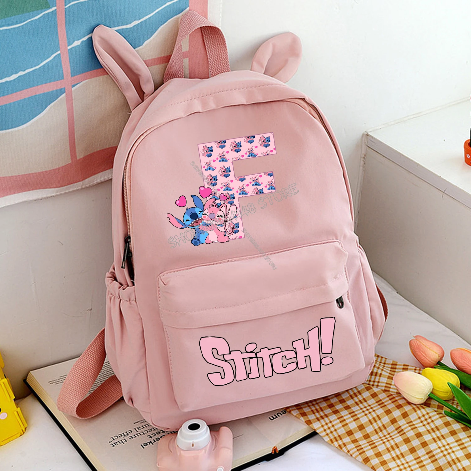 Disney Stitch Letters Backpack 26 Alphabet Cute Cartoon Rabbit Ear Schoolbag Pink Backpack Student Large-capacity Bags Kids Gift