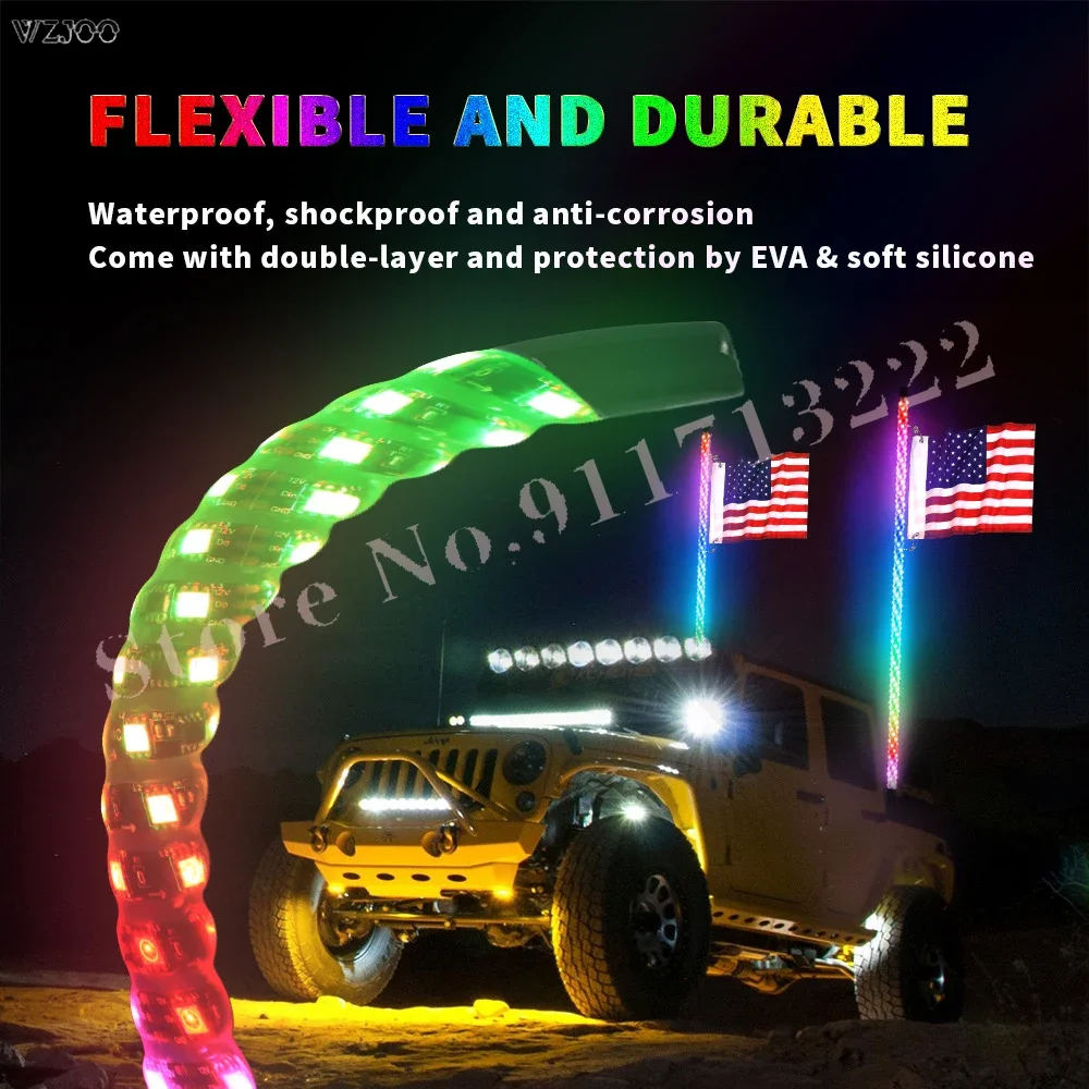 Lighted Spiral LED Whip 1/2PCS 2ft/3ft/4ft/5ft  Antenna w/Flag &Remote 300 LED Flagpole Lamp Remote control for Jeep ATV UTV