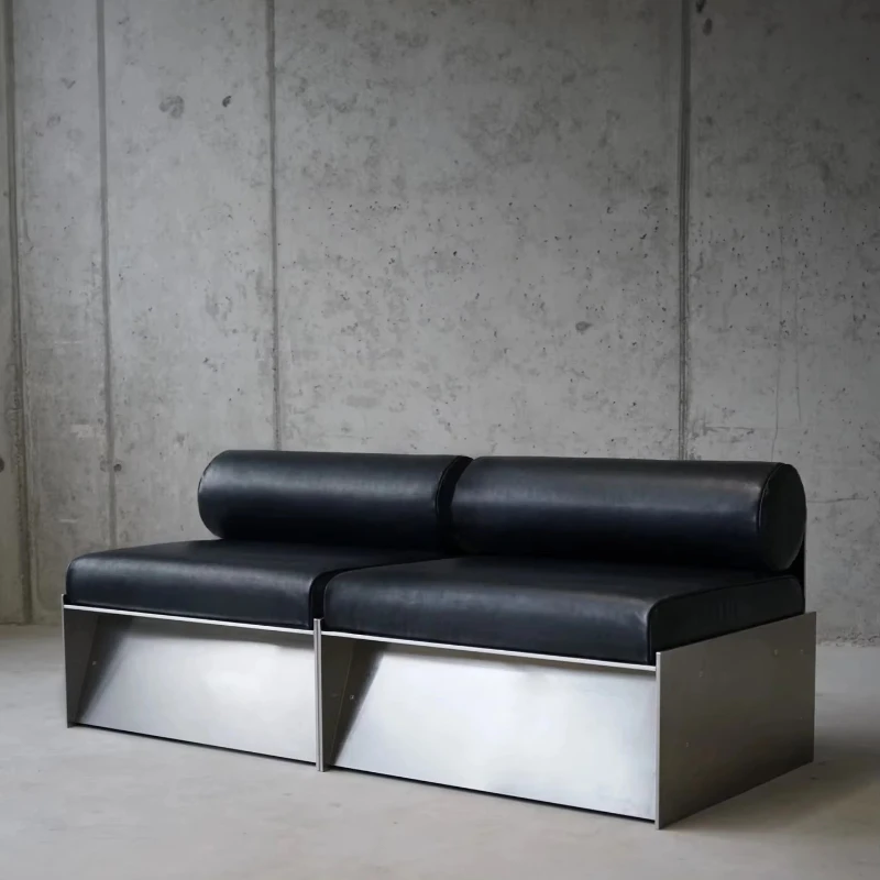 

Italian modern full leather sofa set, stainless steel home furniture, elegant waiting chair for living room or hotel/gym