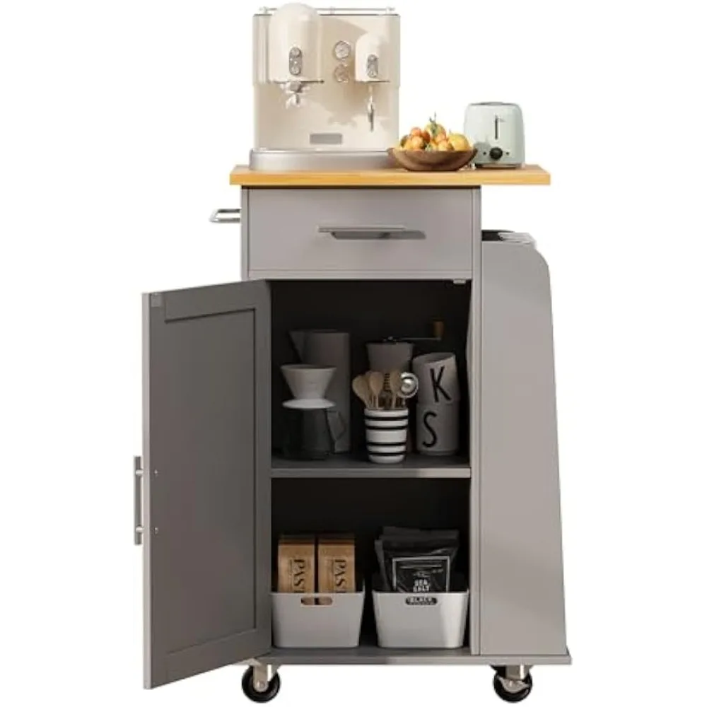 

Small Kitchen Island on Wheels with 3-Tier Side Spice Rack and Rubber Wood Top, Trolley Cart with Storage Cabinet & D