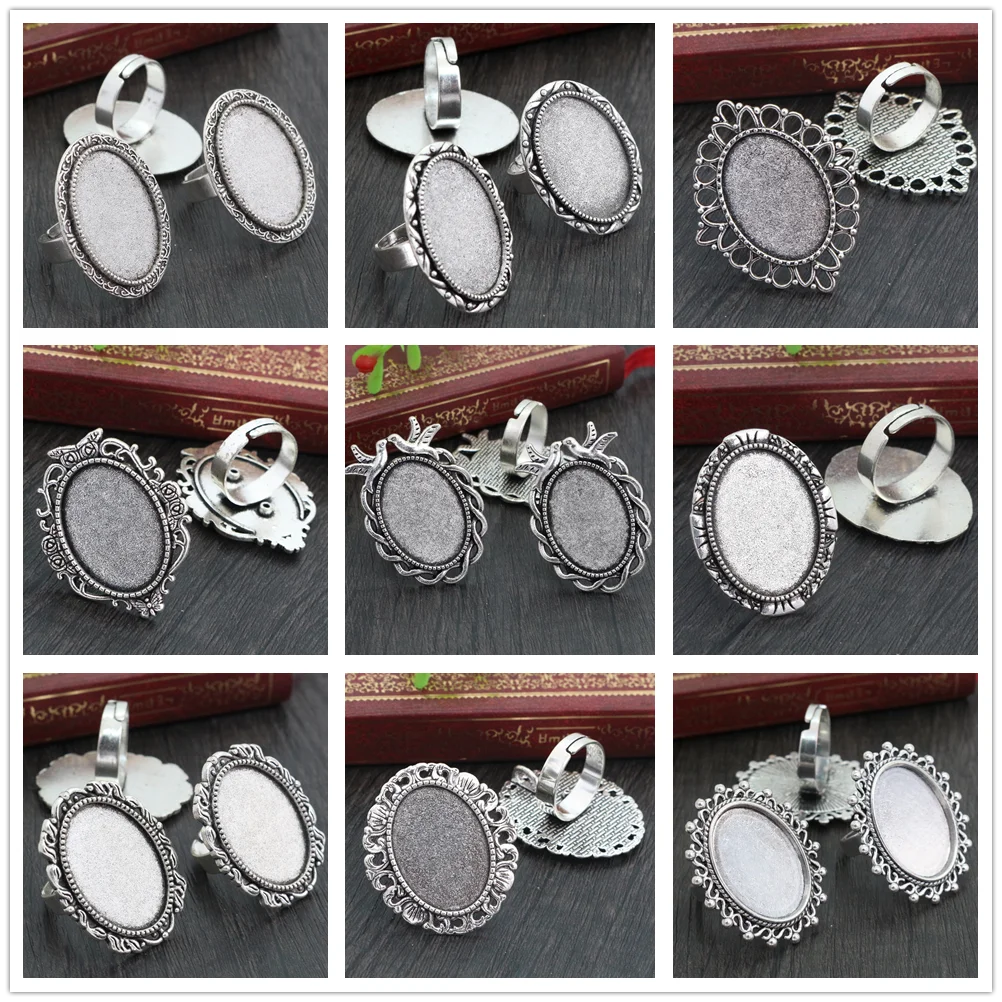 18x25mm 5pcs Antique Silver Plated/ Bronze/Black Brass Oval Adjustable Ring Settings Blank/Base,Fit 18x25mm Glass Cabochons