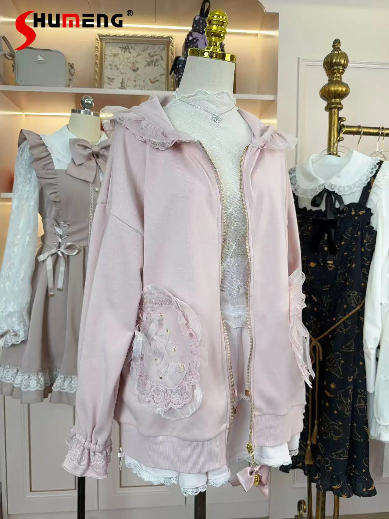 

Новая весенняя женская тонкая толстовка в японском стиле с капюшоном на молнии, розовая, однотонная, с кроличьими ушками и кружевной отделкой