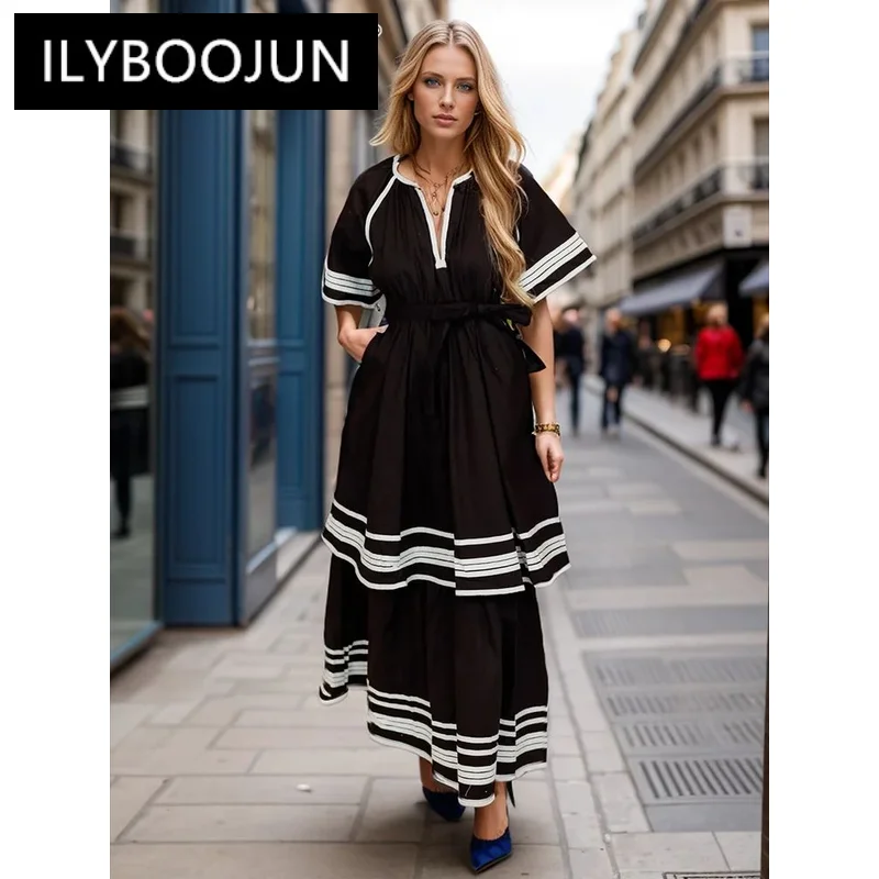 

ILYBOOJUN Colorblock Striped Dresses For Women Round Neck Short Sleeve High Waist Spliced Ruffled A Line Dress Female Style