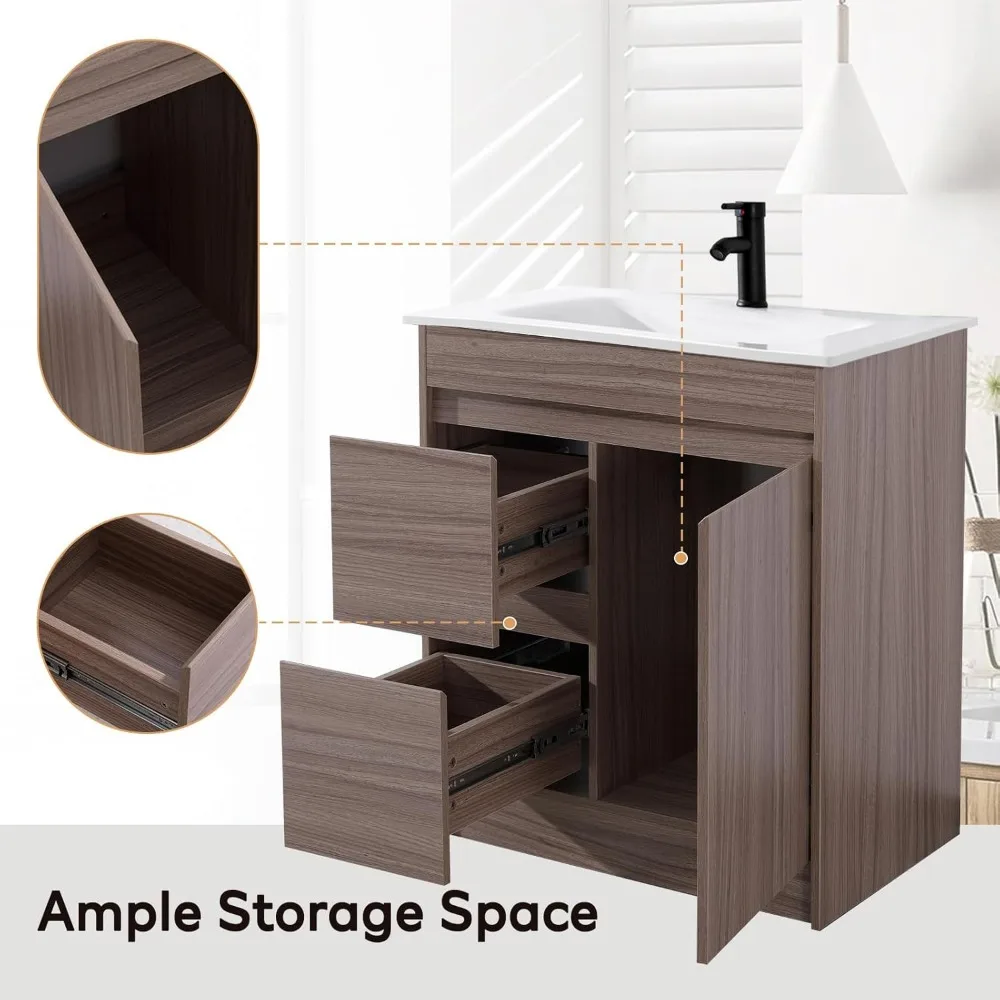 Vaidade de banheiro de 30 polegadas com pia undermount, armário de madeira grossa, portas e gavetas com fechamento suave
