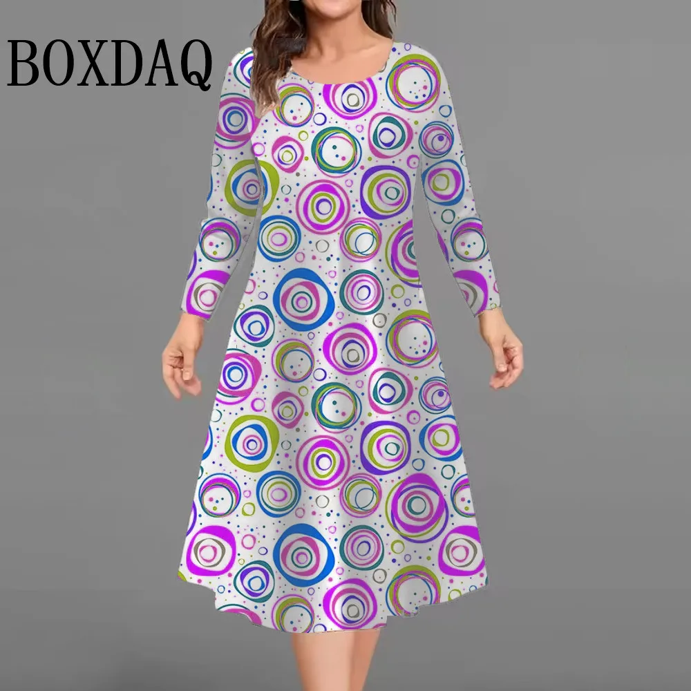فساتين مطبوعة ثلاثية الأبعاد على شكل دائرة ملونة للنساء 2025 موضة حجم كبير فستان على شكل حرف a للخريف ملابس فضفاضة غير رسمية بأكمام طويلة 9XL