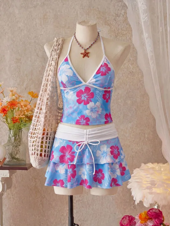 Women Floral 3 Piece Tankini Set Halter Neck Tank Top Bikini Brief Drawstring Tiered Ruffle Swim Skirt Tropical Beach Swimwear